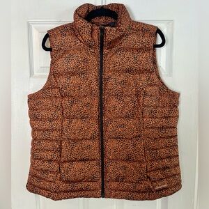 Land's End Women's Burnt Caramel Leopard Print Puffer Vest Size XL